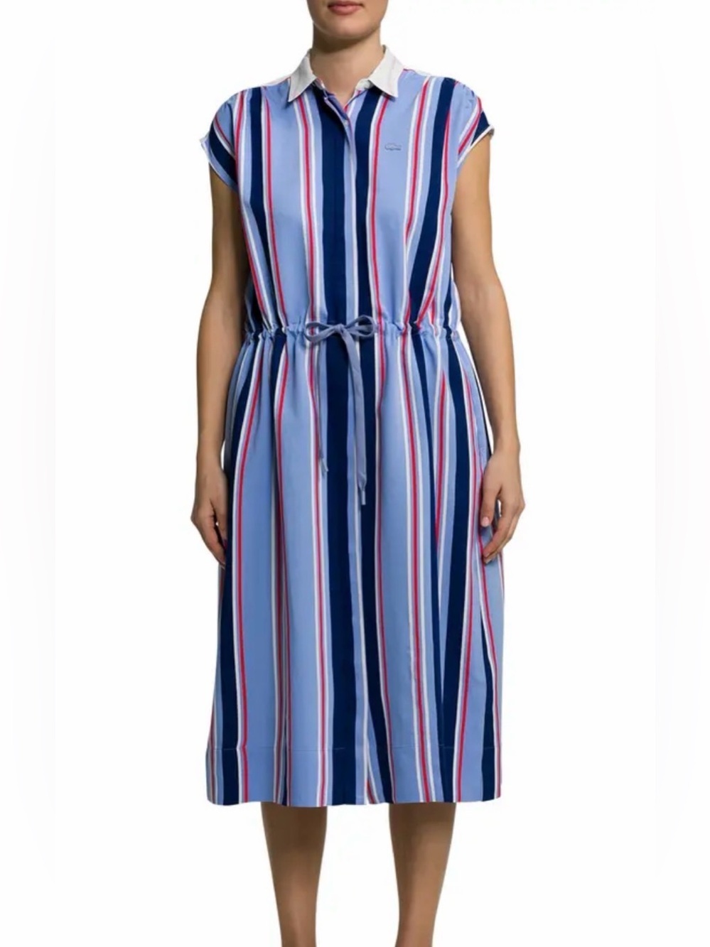 Lacoste Blue & White Striped Tie-Waist Midi Dress with Red Accents
